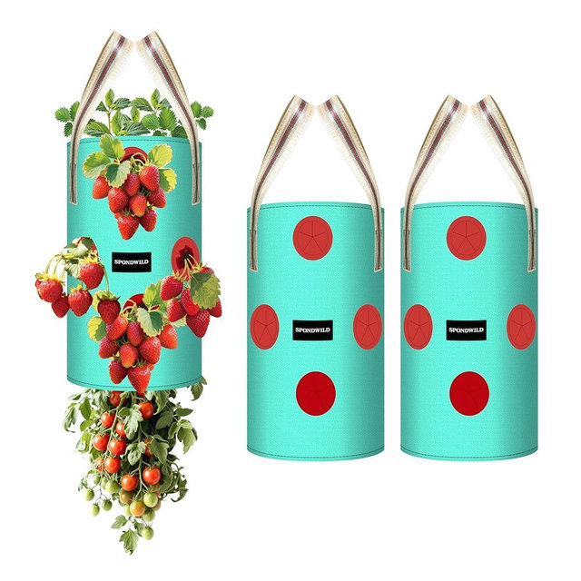SPONDWILD 3 Pack Hanging Strawberry Planter Bags, 3 Gallon Hanging Grow Bags with Bottom Planting Hole, Thickened PE Strawberry Pot for Vegetables Herbs Tomatoes