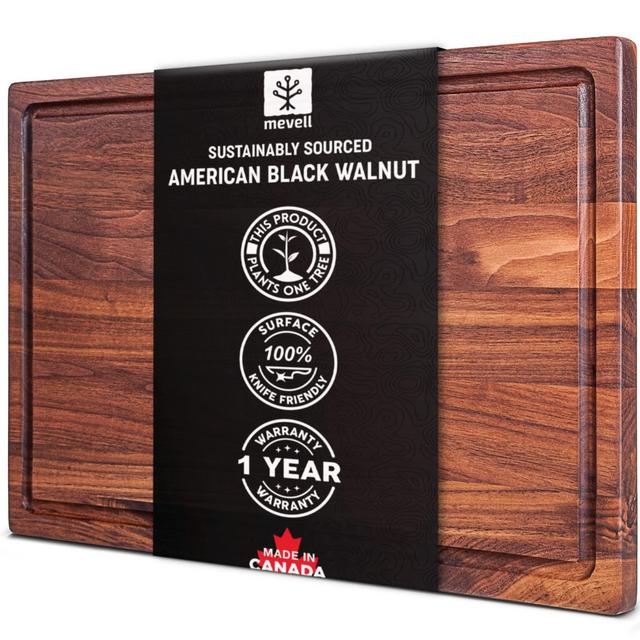 Mevell Walnut Wood Cutting Board for Kitchen, Reversible Wooden Chopping Board With Juice Grooves, Made in Canada (Large 17x11x0.75 Flat Grain)