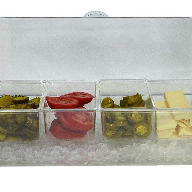 Oaklyn - Large Clear Condiment Server Organizer on Ice with Containers and Lid – Serving Bar Compartments Hold 20 oz Portion and Plastic Box Tray are BPA Free – Chilled Caddy Dispenser Set Holds 10 Cups