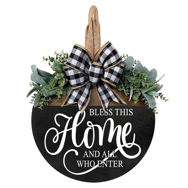 Bless This Home Welcome Sign for Front Door, Rustic Wood Wall Decor Porch Wreaths Hanging Door Decorations for Home Outdoor for Spring Summer Fall All Seasons Holiday