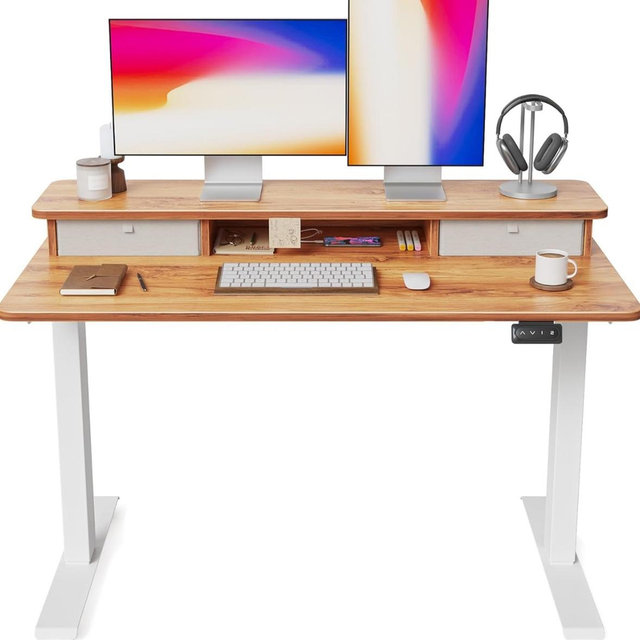 FEZIBO 48'' x 24'' Height Adjustable Electric Standing Desk with Double Drawer, Height Adjustable Computer Desk, Home Office Stand Up Table with 4 Height-Adjustable Feets & 2 Hooks, Light Wood