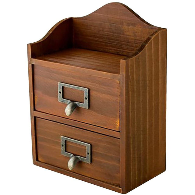 Mini Vintage Desktop Drawers - 2 Drawer Desktop Organizer - Rustic Card Catalog Drawers with Label Holders - Small Tabletop Chest Drawers for Storage and Organization - Mini Library Cabinet - 1-Pack