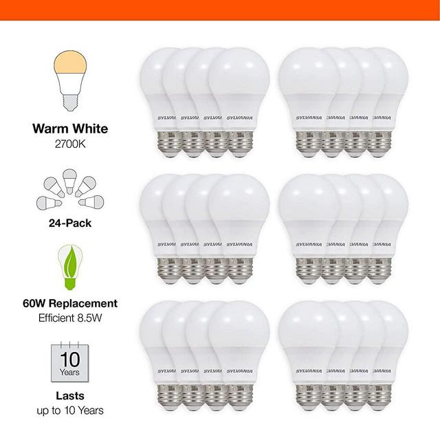 SYLVANIA General Lighting 74765 A19 Efficient 8.5W Soft White 2700K 60W Equivalent A29 LED Light Bulb (24 Pack), 24 Count