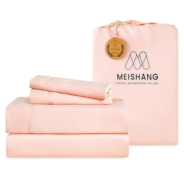 MEISHANG Extra Deep Pocket Queen Sheets Set Rayon Derived from Bamboo Fit 18-24 Inch Mattress Luxury Cooling Sheets Silky Soft Moisture Wicking Queen Size Pink