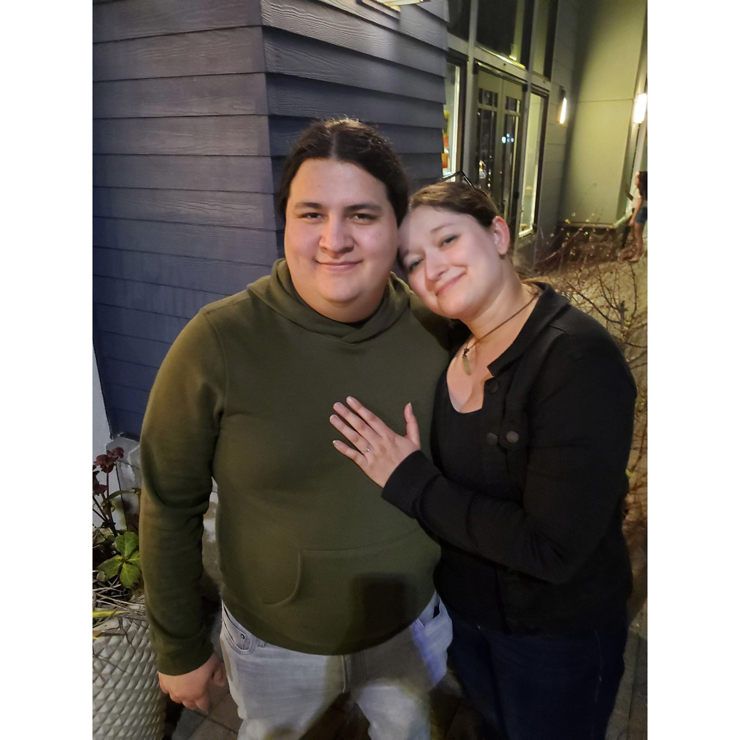 Our 8 year anniversary dinner on the Tacoma waterfront. Photo taken by two very enthusiastic strangers right after he proposed.