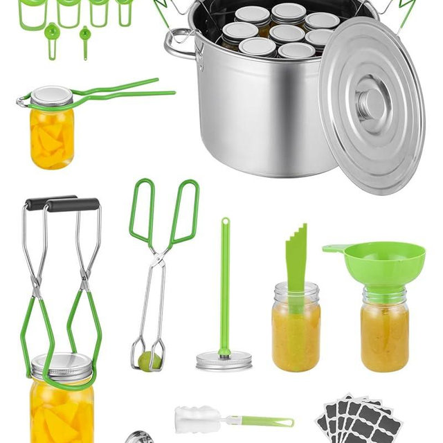 VEVOR Canning Supplies Starter Kit, 11 Pieces Stainless Steel Water Bath Canning Kit for Beginners, Canning Tools Set: Pot, Rack, Lid, Ladle, Funnel, Tongs, Jar Lifter, Wrench, Measuring Cup