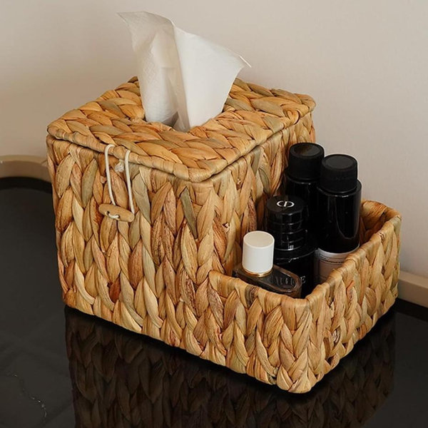 PINXIURY Water Hyacinth Tissue Box Cover Square, Tissue Box Holder, Tissue Box with Remote Organizer, Bedside Organizer, Remote Holder for Bedroom, Livingroom, Office