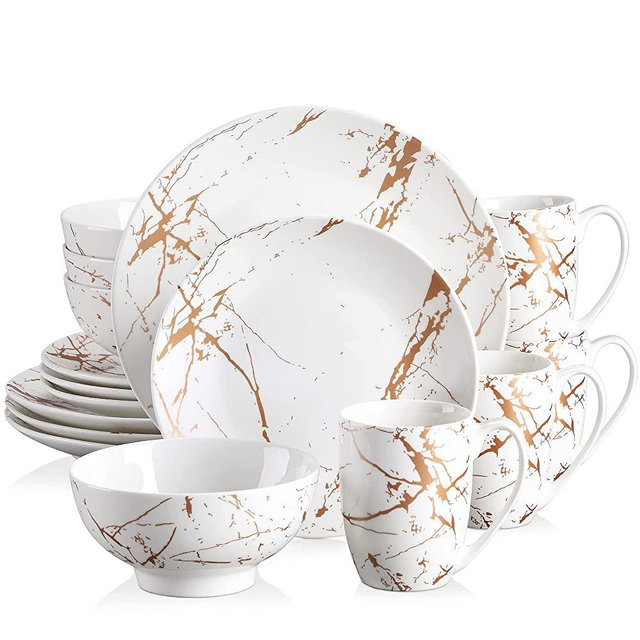 Dinnerware Sets for 4, 16 Piece Porcelain Dish Sets White Plates and Bowls Set, Gold Splash Glaze Round Dinner Plates, LOVECASA, Stylish and Modern Plates and Bowls Set with Mugs, White