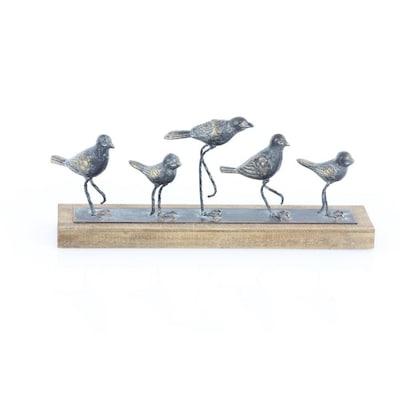 Grayson Lane Long Textural Metallic Silver Bird Sculptures Walking on Wood Base Seasonal Spring Home Table Decor Happy Bird Family Figurines Shelf Decor Summer Farmhouse Decor 10 x 7