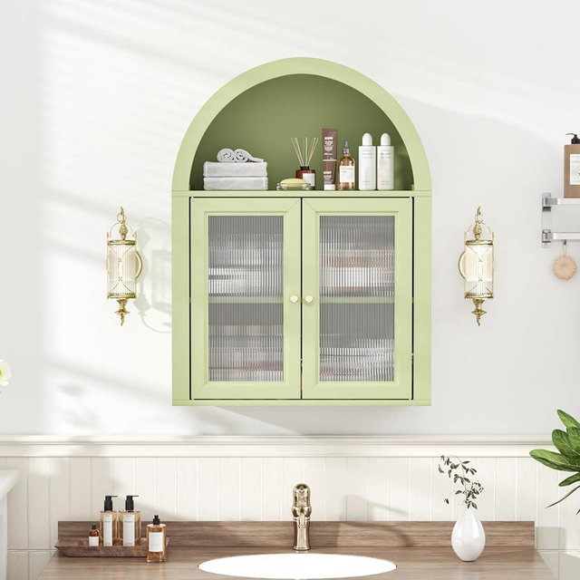 Medicine Cabinet with Arched Top, Bathroom Wall Cabinet Over Toilet with Wave Pattern Acrylic Doors and Removable Shelf, Roman Style Small Wall Cabinets for Kitchen, Living room, Laundry Room, Green