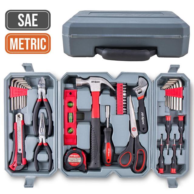 Hi-Spec 50 Piece Home Tool Set of Hand Tools - Claw Hammer, Adjustable Wrench, Precision Screwdrivers, Screw Bits, Long Nose Pliers, Side Cutters, Torpedo Level, Bit Driver & Tool Box Kit