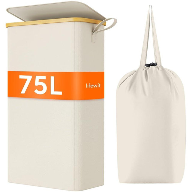 Lifewit 75L Slim Laundry Hamper with Lid, Narrow Laundry Basket with Removable Bag & Bamboo Handles, Fodable Thin Dirty Clothes Hamper for Laundry Collapsible Bin for Bathroom Bedroom Dorm, White