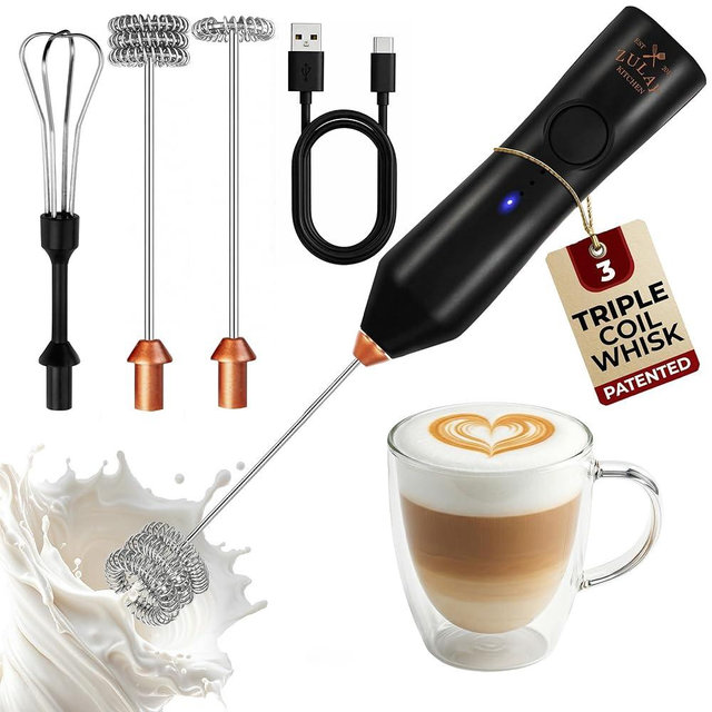 Zulay Kitchen Rechargeable Milk Frother Handheld - Frother Wand, Drink Mixer, Electric Whisk Frother, for Cappuccinos, Matcha & Protein Powder - Dynamic 3 Whisk, 3 Speed 500mAh Black Copper
