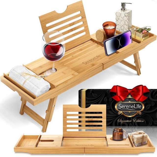 SereneLife Bath Caddy Breakfast Tray Combo with Gift Box-Natural Bamboo Wood Waterproof Bath Tub Caddy and Bed Tray with Folding Slide-Out Arms,Device Grooves,Wine Glass and Soap Holder