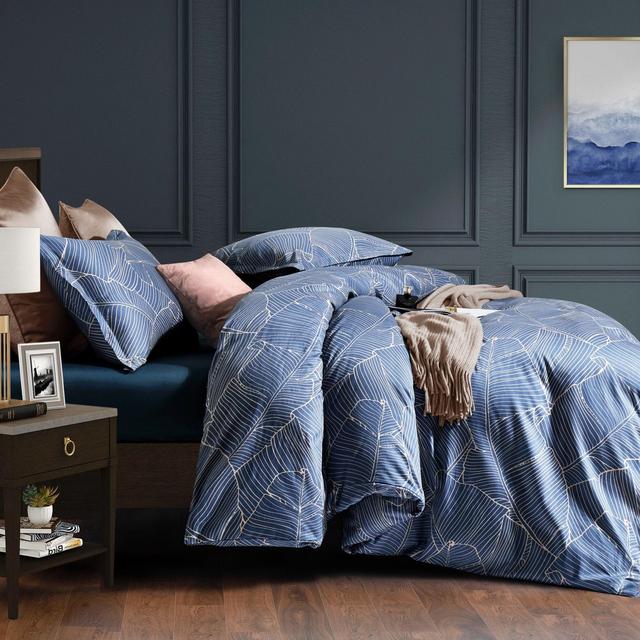 Unique Mid-Century Modern Boho Chic Vintage Retro Mod Print Bedding Cotton Duvet Cover Set Minimalist Chic Botanical Design Asian Zen Blue