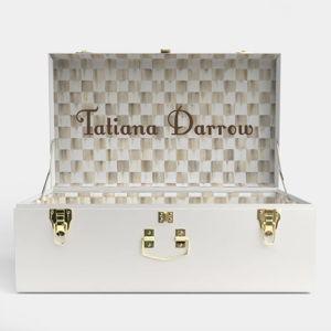 MacKenzie-Childs x Petite Keep Grand Trunk - White/Mocha Check, "Tatiana Darrow" Font: Spring