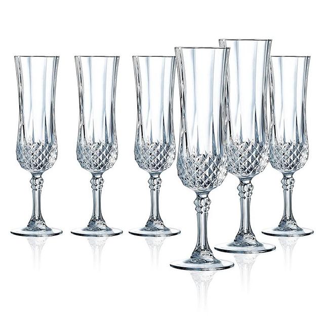 Cristal D'Arques Longchamp 4.5 Ounce Champagne Flute Glass, Set of 6, 6 Count (Pack of 1), Clear