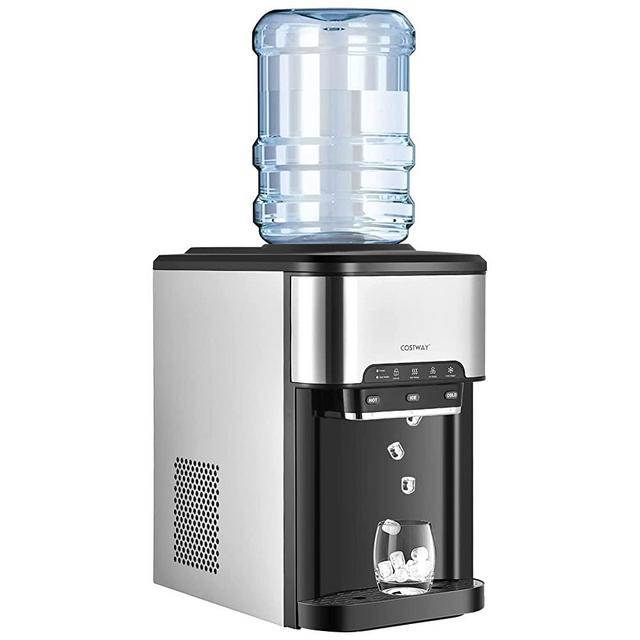 COSTWAY 3-in-1 Water Dispenser with Ice Maker, Countertop Top-Loading Hot and Cold Water Cooler Machine for Home, Safety Lock, Hold 3-5 Gallon Bottle, 48Lbs/24H, 12 Ice Cubes, 4Lbs Storage Basket