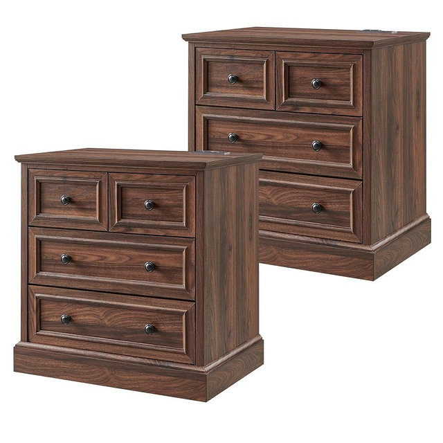 ACCOHOHO 26" W Nightstands Set of 2, Farmhouse End Table with 4 Drawers for Storage, Nightstand with Charging Station for Bedroom, Brown