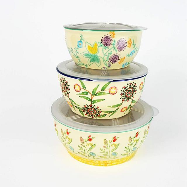 Euro Ceramica Ella 3 Piece Nesting Storage Bowls Set with Lids Assorted Multicolor Asian Floral Design