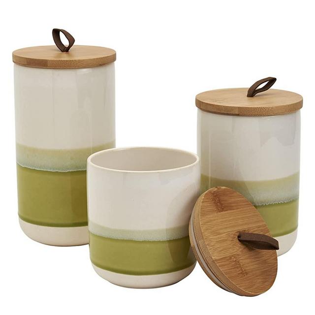 Tabletops Gallery Ceramic Canister Collection- Stoneware Designed Kitchen Storage Acacia Wood White Set, 3 Piece Amazon Rainforest Canisters (white and green)