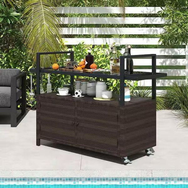Volenca Brown Outdoor Bar Cart Wicker Buffet Kitchen Cart with Cabinet and 8-Hooks UZJQ5757
