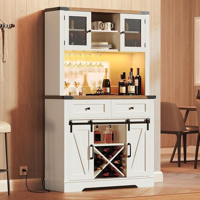 HOOBRO Tall Coffee Bar Cabinet, Farmhouse Bar Cabinet with Light and Power Outlet, 70.8" Buffet Cabinet with Storage, Sliding Barn Door, Glass and Wine Rack, 2 Drawers, White and Walnut WH185UDJG01