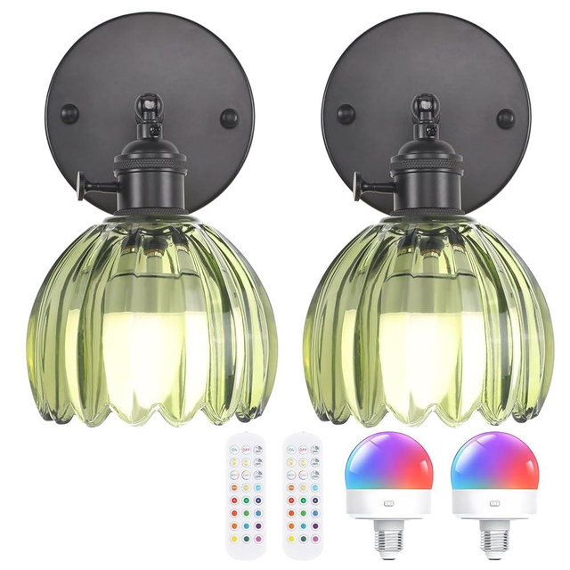 Shenmoyl Vintage Battery Operated Wall Sconce with Green Tulip Glass Lampshade Rechargeable Battery Powered Black Wall Light with Remote Control for Bedside Bedroom Doorway, Set of 2