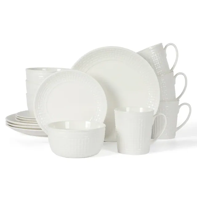 Martha Stewart Basket Weave 16-Piece New Bone China Embossed Porcelain Dinnerware Set