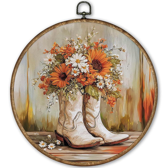 TLESKE Orange Western Cowgirl Round Wall Art Framed 10x10, Fall Sunflower Canvas Wall Art Prints Artwork, Preppy Autumn Wall Hanging Room Door Decor Decorations for Bedroom Living Room
