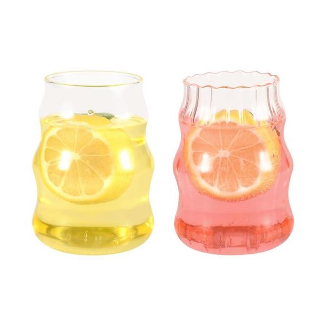 Koythin 2 Pieces Glass Cups, 16 oz Iced Coffee Cups, Cute Irregular Ribbed Tumbler Cup for Water, Juice, Beverage, Tea (Ribbed and Chubby)