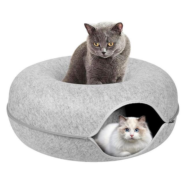 Cat Tunnel Bed, Cat Cave Bed ，Beds for Indoor Cats - Large Cat House for Pet Cat Cave ，Detachable Round Felt & Washable Interior Cat Play Tunnel for Small Pets (24 Inch, Light Grey)