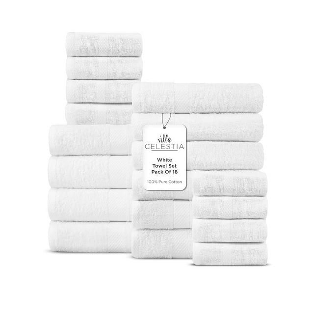 Villa Celestia 100% Cotton Bath Towel Set of 18-4 Bath Towels, 6 Hand Towels, 8 Wash Cloths, Sustainable, Soft, Highly Absorbent, Combed Cotton 18 Piece Set for Hotels, Spa, Bathroom, Dorm, White