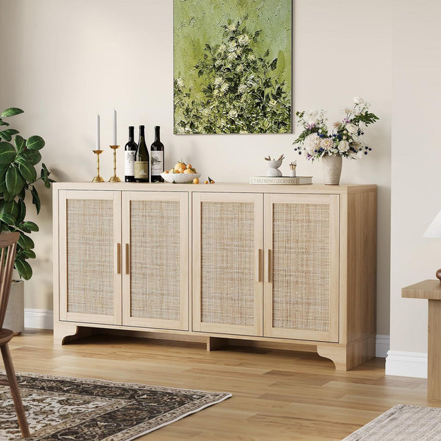 62 Inch Rattan Sideboard Buffet Cabinet, 4-Door Kitchen Storage Cabinet with Shelves