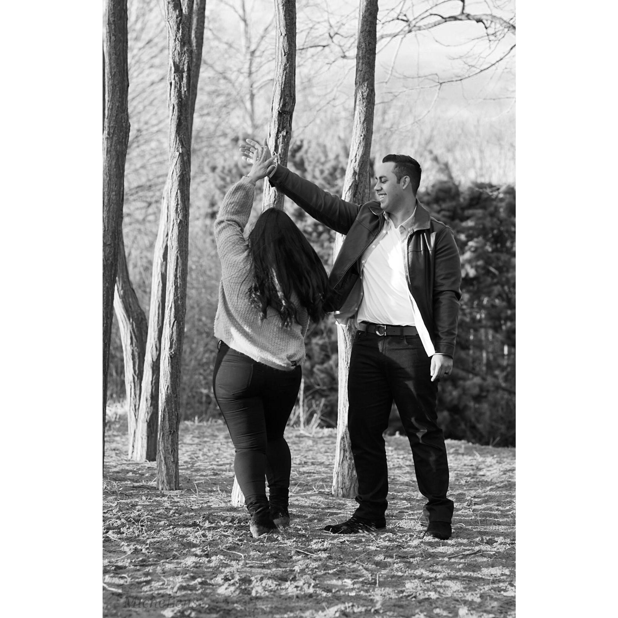 Engagement photos- "Lets see how fast I can spin."