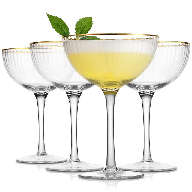 Royalrose Premium Cheerfull Fluted 10.7 oz Coupe Glasses Set of 4 – Vintage Gold Rim, Hand-Blown Fine Glass – Elegant Barware for Cocktails, Parties & Home Entertaining (4)