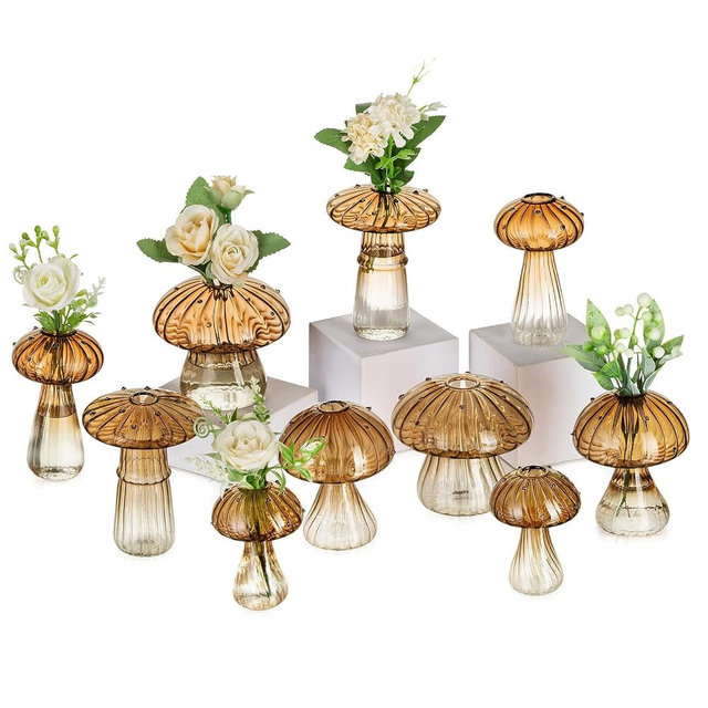 Glasseam Amber Glass Mushroom Vase: Cute Small Flower Vase Set of 10 Unique Mini Bud Vases for Centerpieces Decorative Vases for Flowers Funky Plant Vase Decor