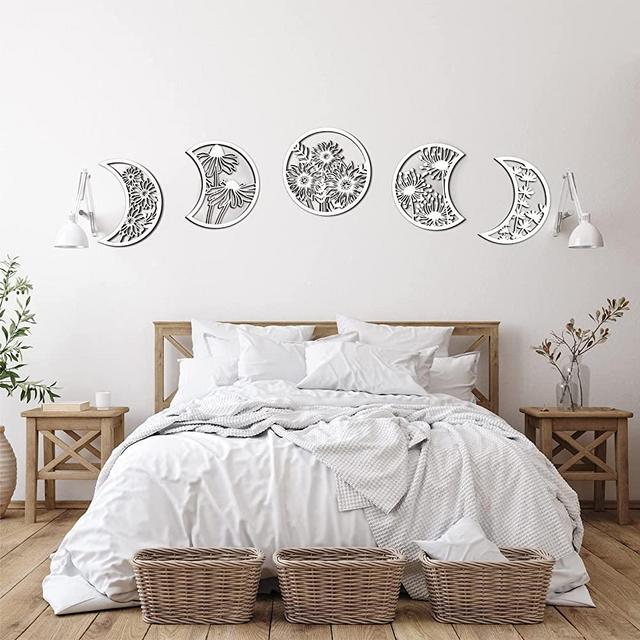 5 Pieces Moon Phase Wall Decor Boho Hanging Moon Phase Nordic Wood Wall Art for Living Room Bedroom Home Wall Decoration Room Apartment Bar Ornament (White)