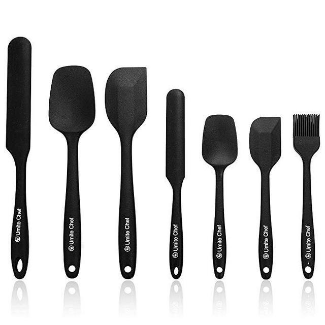 Silicone Spatula Set- 7 Spatulas Silicone Heat Resistant - Mini Rubber Spatula Set by Umite Chef - Cooking Spatulas for Nonstick Cookware - Baking Kitchen Spatula Set - One Piece Design Spoon (Black)