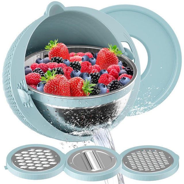4-1 Colander with Mixing Bowl Set - Colander for Kitchen, Food Strainer, Pasta And Rice Strainer, Fruit Cleaner, Veggie Wash, Salad Spinner, Apartment & Home Essentials - Blue