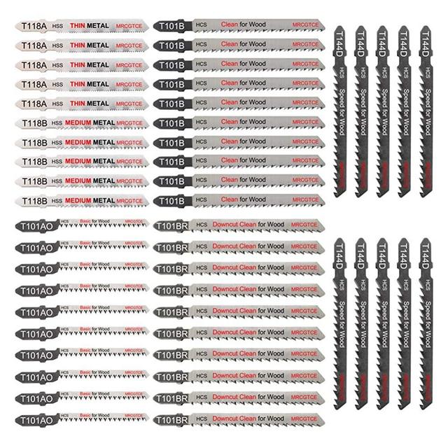 50 Piece Contractor JigSaw Blades Set with Storage Case, Assorted T-Shank Jig saw Blades for Wood, Plastic and Metal Cutting(T118A,T118B,T101AO,T101B,T101BR,T144D)