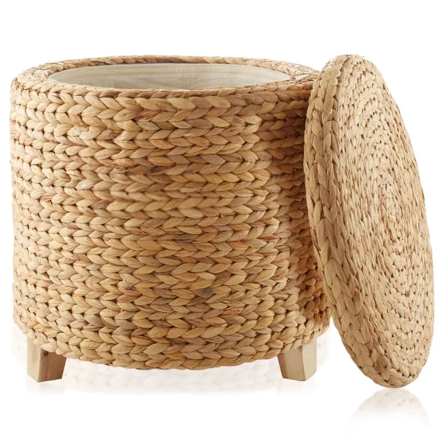 Casafield 17" Round Storage Ottoman with Lid - Natural, Handwoven Footrest for Living Room, Bedroom, Bathroom, Home Office
