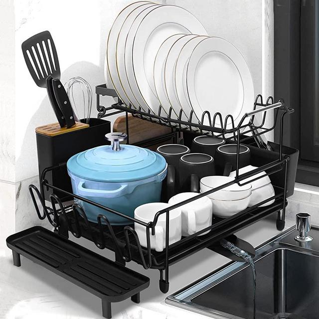 Runnatal Large Dish Drying Rack witB0BTYQYDJh Drainboard Set, Extendable Dish Rack, Utensil Holder, Cup Holder, Large-Capacity 2-Tier Dish Drying Rack, Expandable Dish Drainer for Kitchen Counter