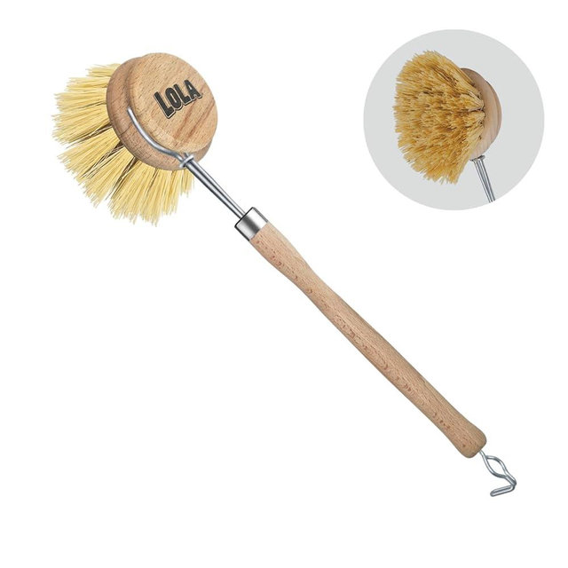 LOLA Dishwashing & Vegetable Brush The Original, 3" Head, Sustainable Wood Handle w/Tampico Fiber Bristles, Safe for Non-Stick Pans, Dishes, Cast Iron Skillet - Easy Head Only Replacement, 1 Pk