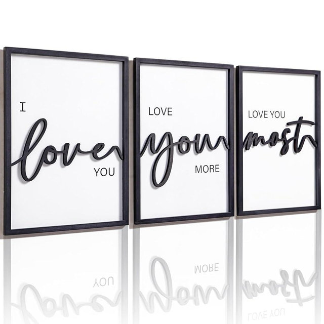 KIOSSUT 3D Wood I Love You Sign, Framed Love You More Sign 36x16”, LOVE You More Black and White Wall Decor for Bedroom Room Living Room (12x16 inches, Set of 3, Framed)
