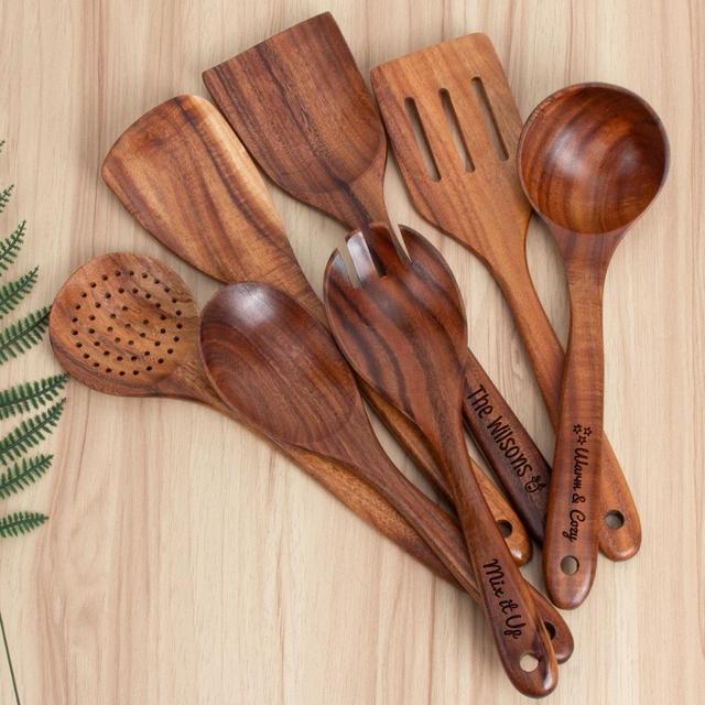 Custom Engraved Wood Kitchen Utensil Set, 7-PCS Teak Wood Cooking Utensil Set, Wooden Utensil Set, Wooden Spoon, Personalized Cooking Gifts