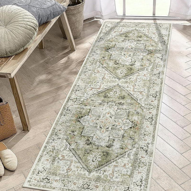 LIVEBOX Washable Runner Rug 2x6 - Vintage Tribal Kitchen Rug Runner Long Entryway Rug, Low-Pile Vintage Rug for Bedroom, Non-Skid Soft Carpet Throw Rug for Bathroom Laundry Room Hallway Sage