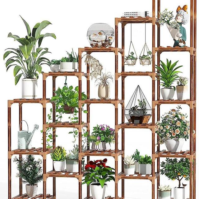 cfmour Plant Stand Indoor Outdoor, 61.8" Tall 19 Tier Super Large Plant Shelf Multi Tiered Wood Flower Shelves Wooden Rack Garden Holder Planter Display For Yard Patio Lawn Balcony Living Room