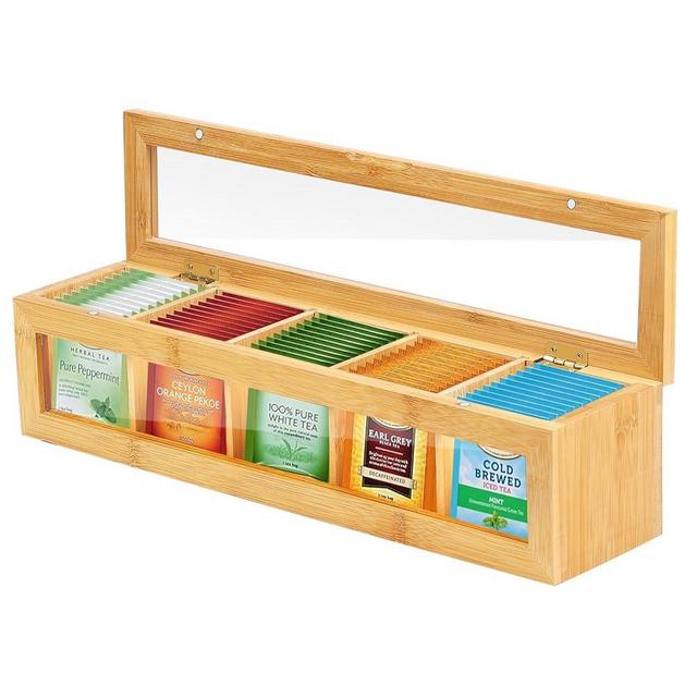 DEXLALA Wooden Tea Bag Organizer,Bamboo Tea Box with 5 Compartments,Acrylic Window and Magnetic Lid,Countertop Divided Tea Storage Container,Tea Bag Holder for Tea,Sugar Packets