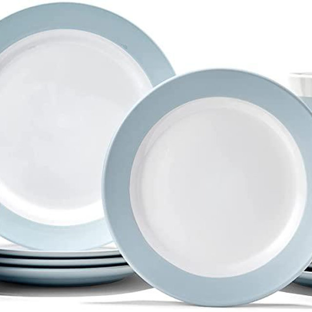 American Atelier Serene Round Dinnerware Set – 16-Piece Stoneware Party Collection w/ 4 Dinner Salad Plates, 4 Bowls & 4 Mugs, Light Blue